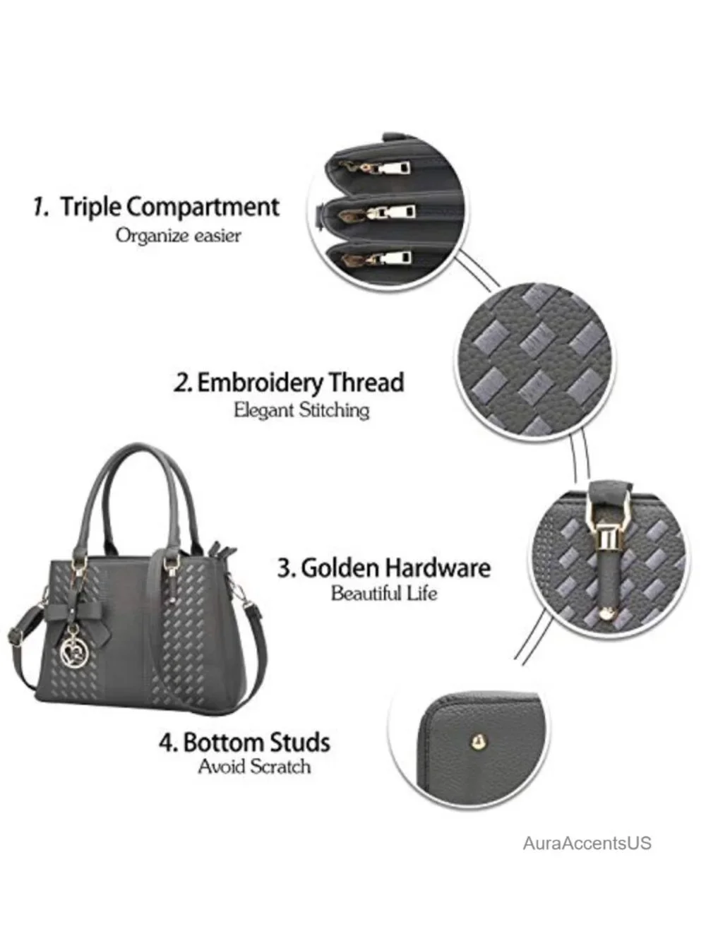 PU Leather Satchel Handbag Crossbody Shoulder Bag 3 Compartments Zipper